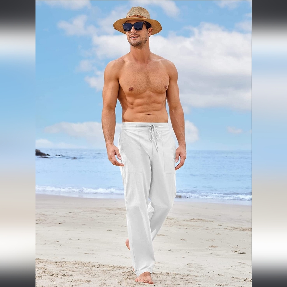 🌴HAVANERA White Casual Classic-Fit Linen-Blend Drawstring Pants Size 2X
